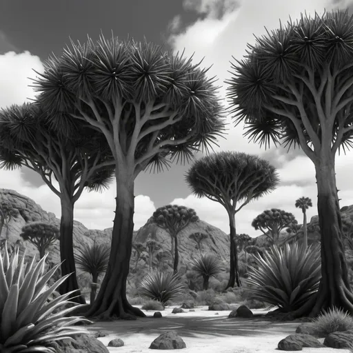 Prompt: Dragon blood trees and lizards. Photorealistic. UHD. Black and white. 8K 
