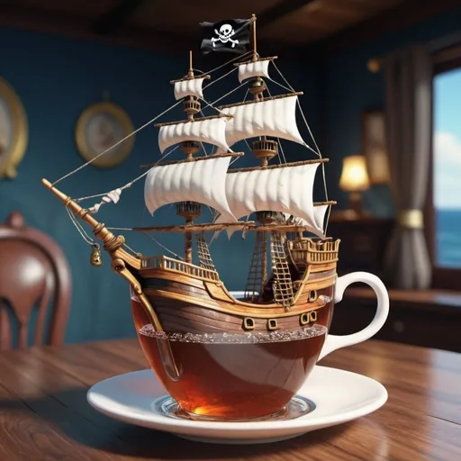 Prompt: Pirate ship floating in cup of tea. Photorealistic. UHD.