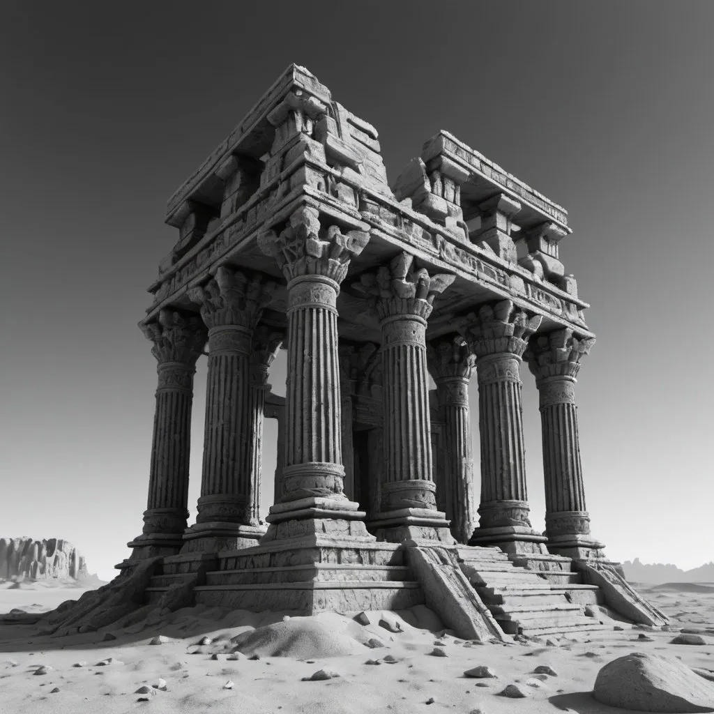 Prompt: 8K super detailed. Ruined temple in desert. Black and white.