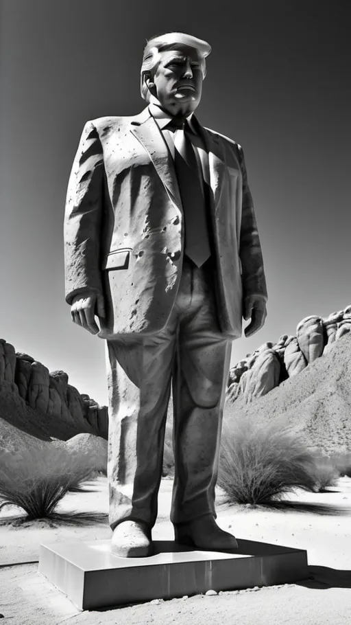 Prompt: giant granite statue of donald trump in desert. HDR. 4K. Hyper-detailed. Black and white