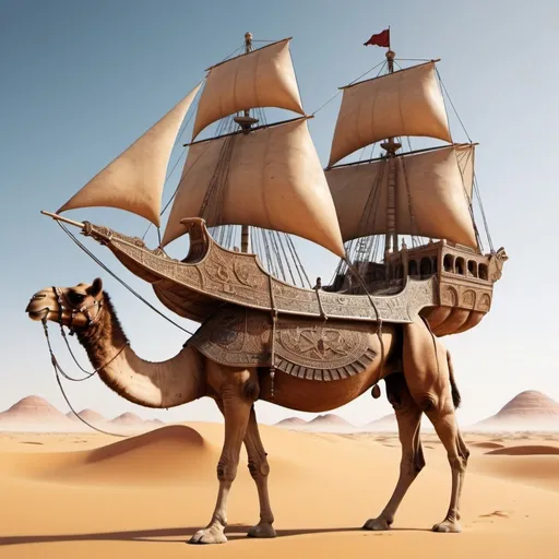 Prompt: 8K fantasy ship on back of camel. Super detailed. Surreal