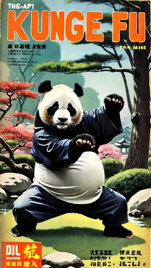 Prompt: Kung Fu fight in Japanese garden with panda. Pulp magazine cover.

