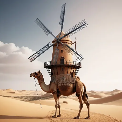 Prompt: 8K fantasy windmill on back of camel. Super detailed. Surreal
