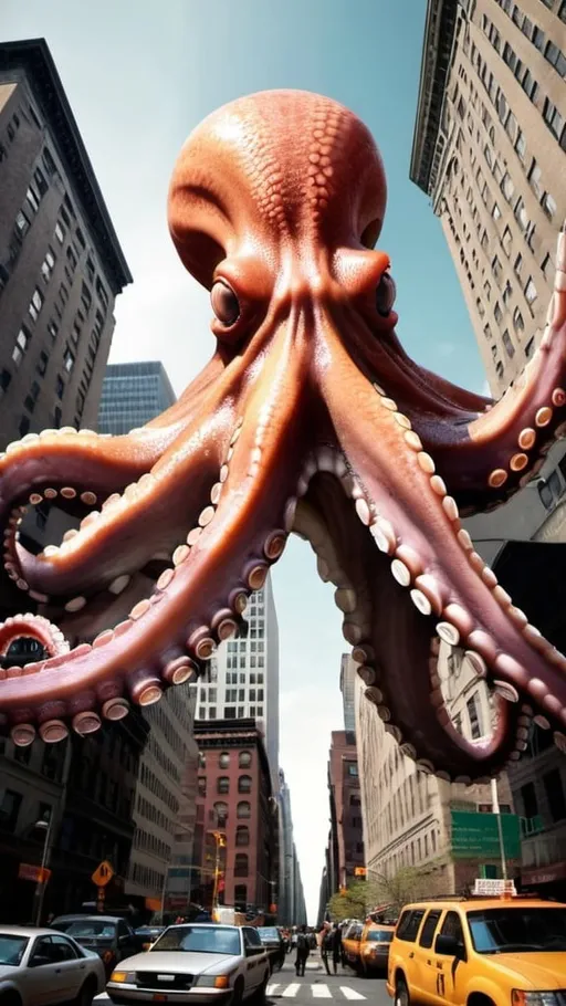 Prompt: Giant octopus attacks Manhattan. Surreal. Super detailed. 