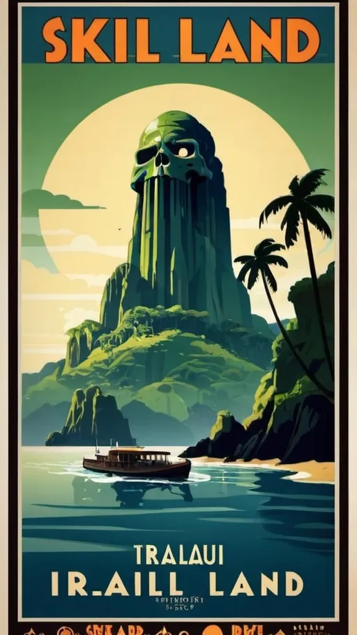 Prompt: Art deco travel poster skull island