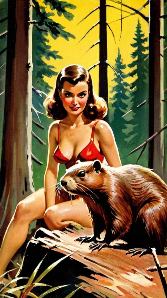 Prompt: woman and beaver in forest. pulp magazine cover