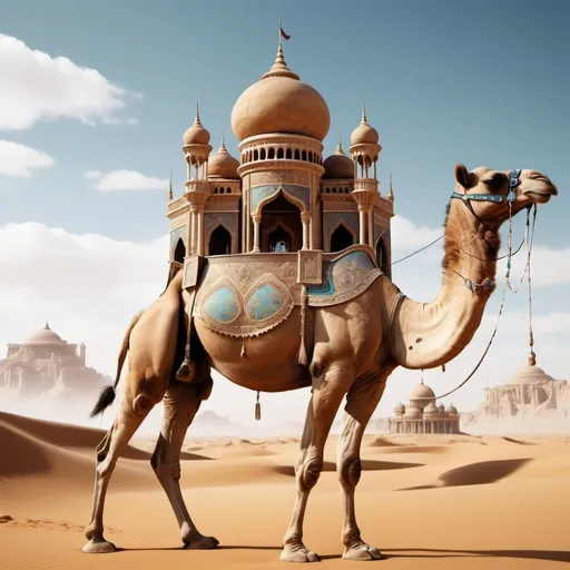 Prompt: 8K fantasy palace on back of camel. Super detailed. Surreal