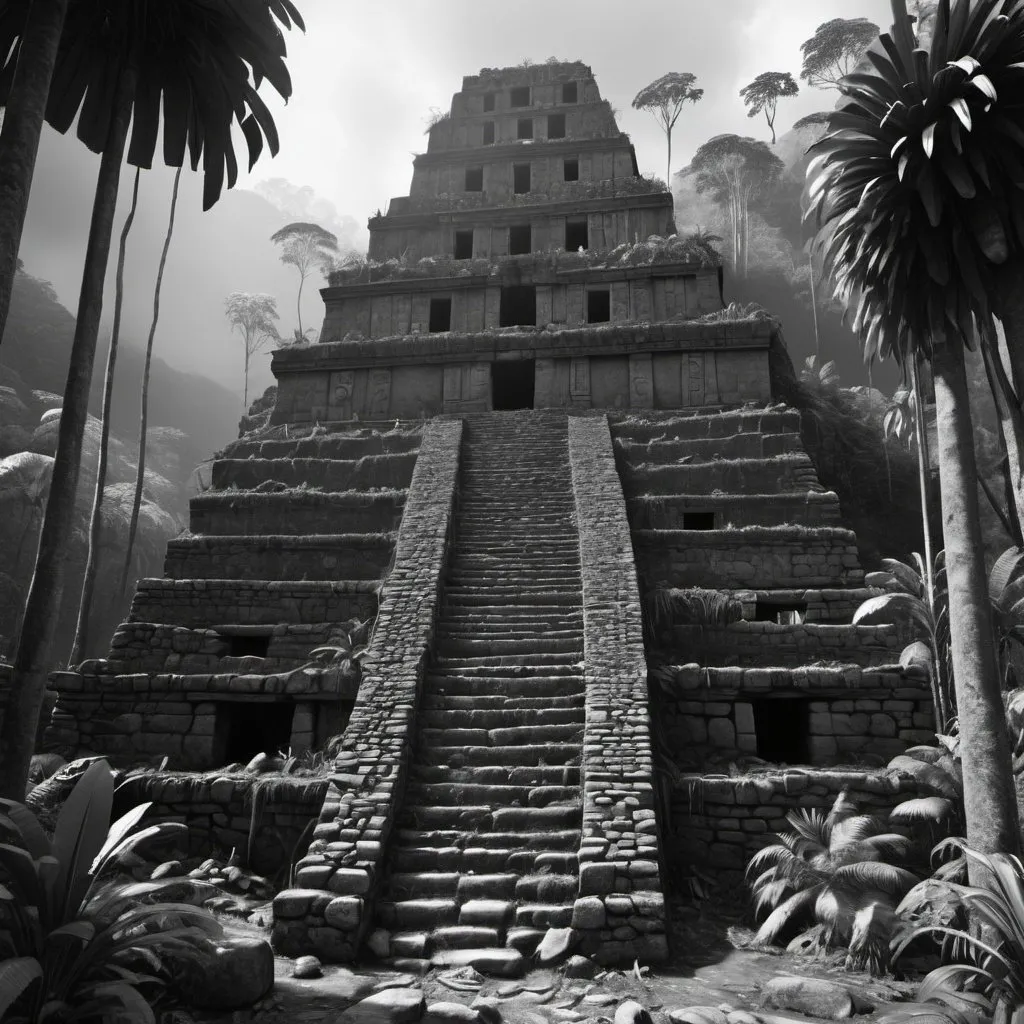 Prompt: Ruined Inca in rainforest. UHD, 8K, super detailed. Photorealistic. Black and white