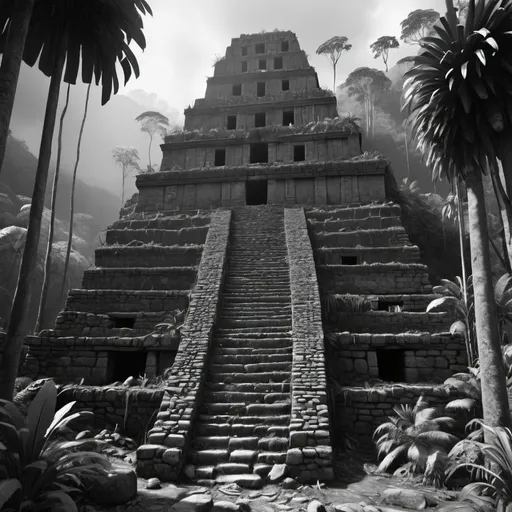 Prompt: Ruined Inca in rainforest. UHD, 8K, super detailed. Photorealistic. Black and white