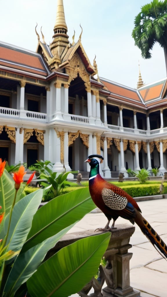 Prompt: Grand palace. Exotic architecture. Tropical plants. Pheasants. UHD. 