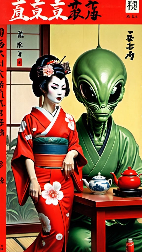 Prompt: Geisha and alien in Japanese tea house. Pulp magazine cover.
