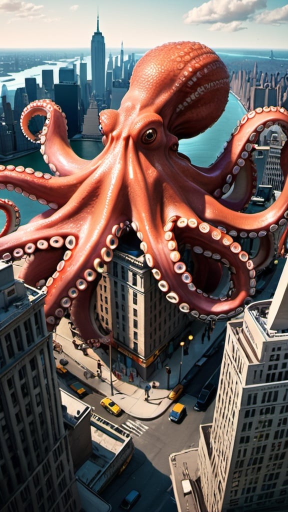 Prompt: Giant octopus attacks Manhattan. Surreal. Super detailed. 