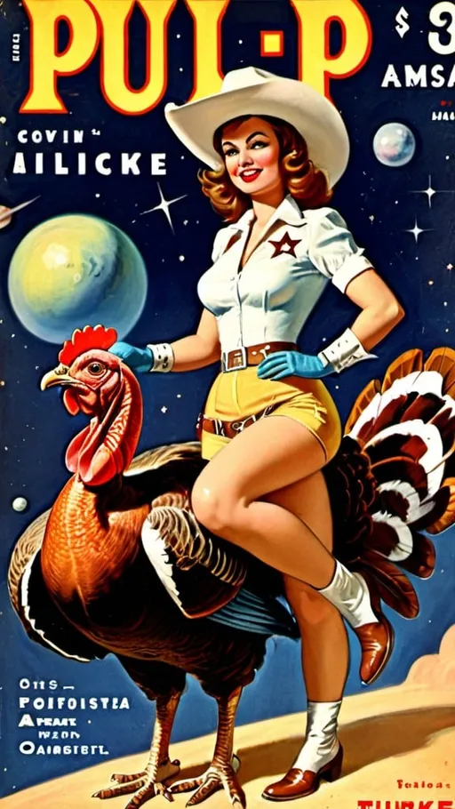 Prompt: beautiful cowgirl and turkey in space. Pulp magazine cover