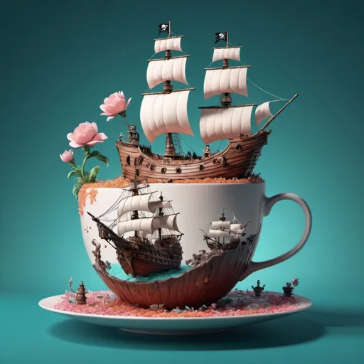 Prompt: 8K pirate ship floating in giant cup of tea. Super detailed. Bloom. Surreal