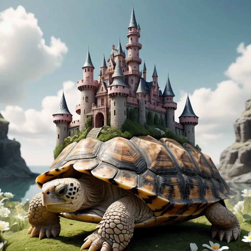 Prompt: 8K fantasy castle on back of tortoise. Super detailed. Bloom. Surreal