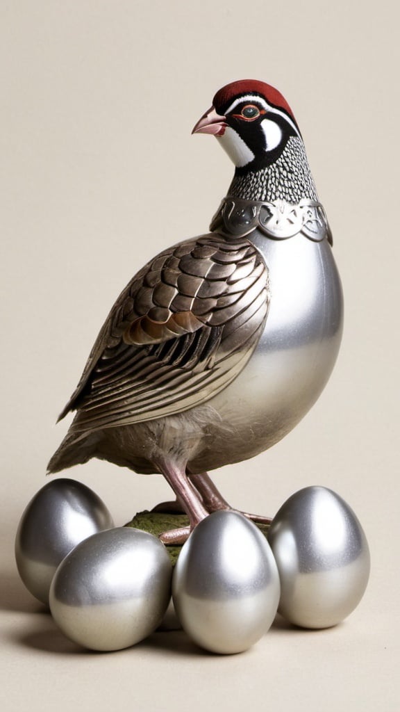 Prompt: Partridge with silver eggs