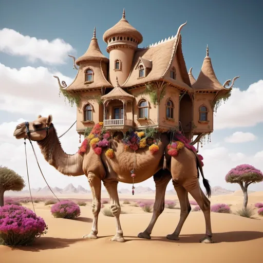 Prompt: 8K fantasy house on back of camel. Super detailed. Bloom. Surreal