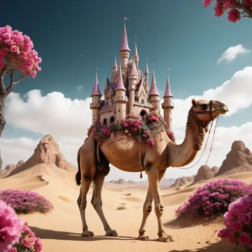Prompt: 8K fantasy castle on back of camel. Super detailed. Bloom. Surreal