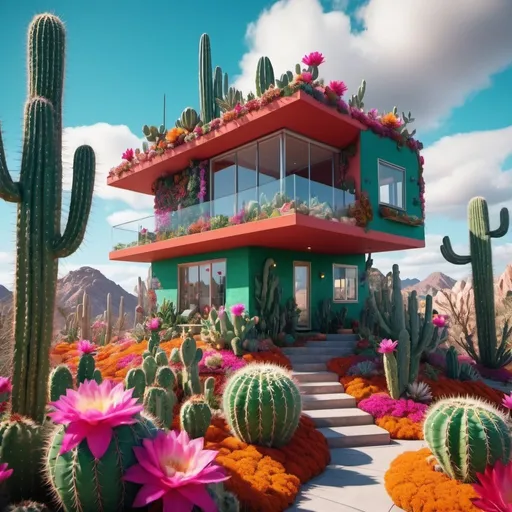 Prompt: 8K cactus house on floating sky island. Super detailed. Bloom. Surreal. Vibrant colors