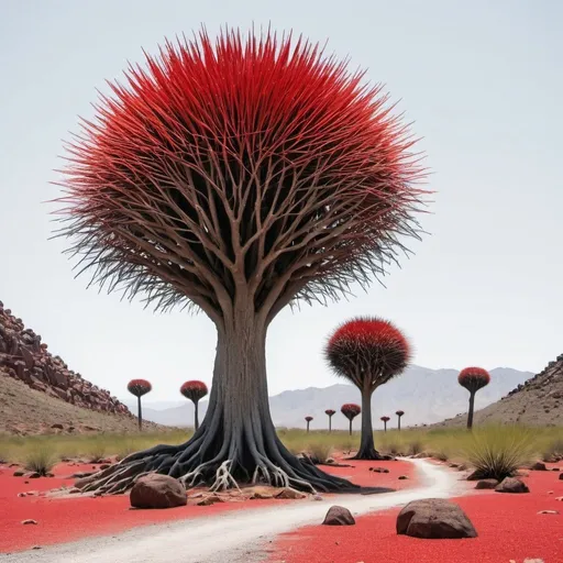 Prompt: Porcupine and dragon blood trees. Minimalist. Flat