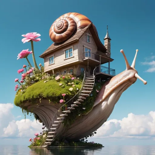 Prompt: Snail house on floating sky island. Surreal. Bloom. Detailed features