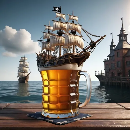 Prompt: Pirate ship floating on pint of beer. Photorealistic. UHD.