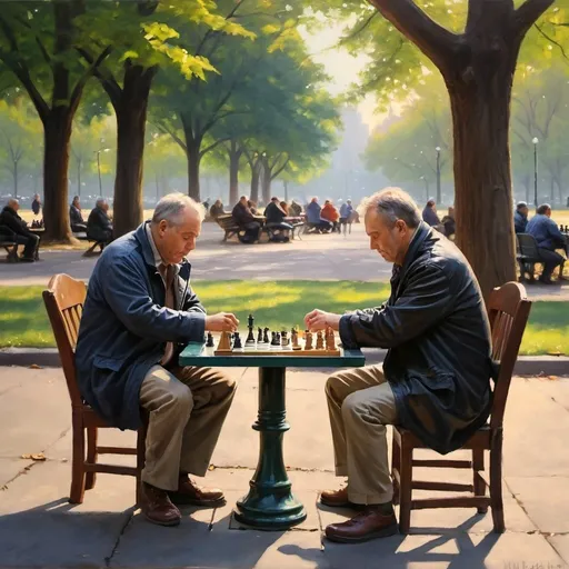 Prompt: Men playing chess in New York park. Morning. Soft lighting. Oil painting