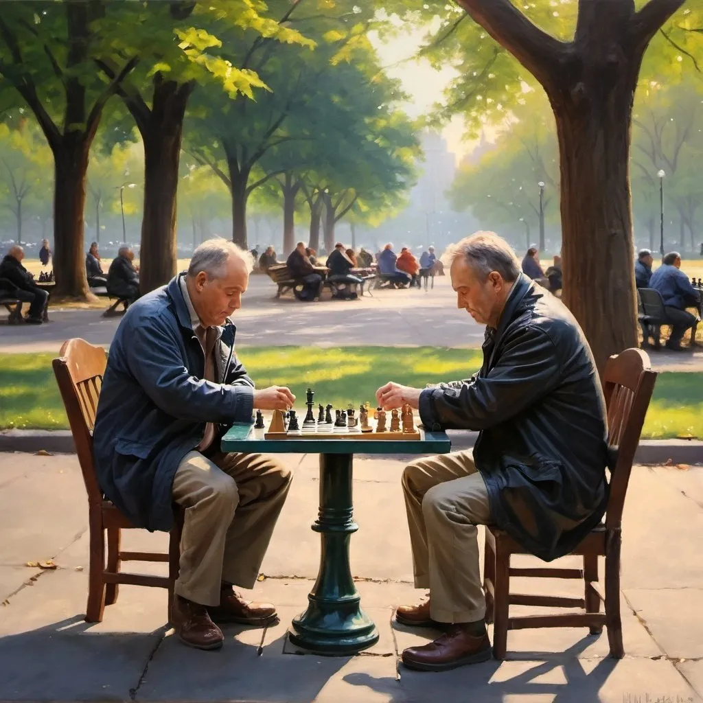 Prompt: Men playing chess in New York park. Morning. Soft lighting. Oil painting