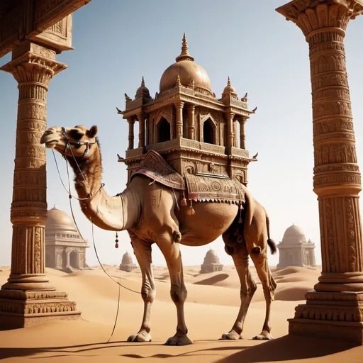 Prompt: 8K fantasy temple on back of camel. Super detailed. Surreal