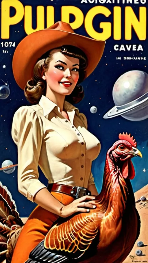 Prompt: beautiful cowgirl and turkey in space. Pulp magazine cover