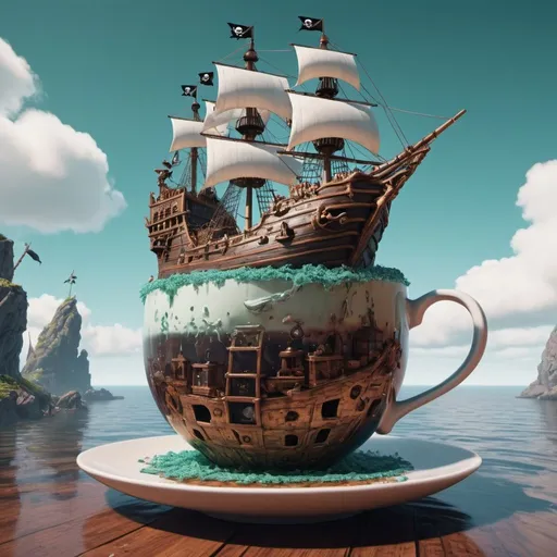Prompt: 8K pirate ship floating in giant cup of tea. Super detailed. Bloom. Surreal