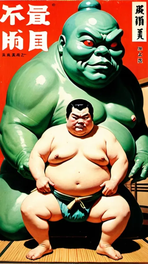 Prompt: Sumo wrestler and alien in Japanese tea house. Pulp magazine cover.


