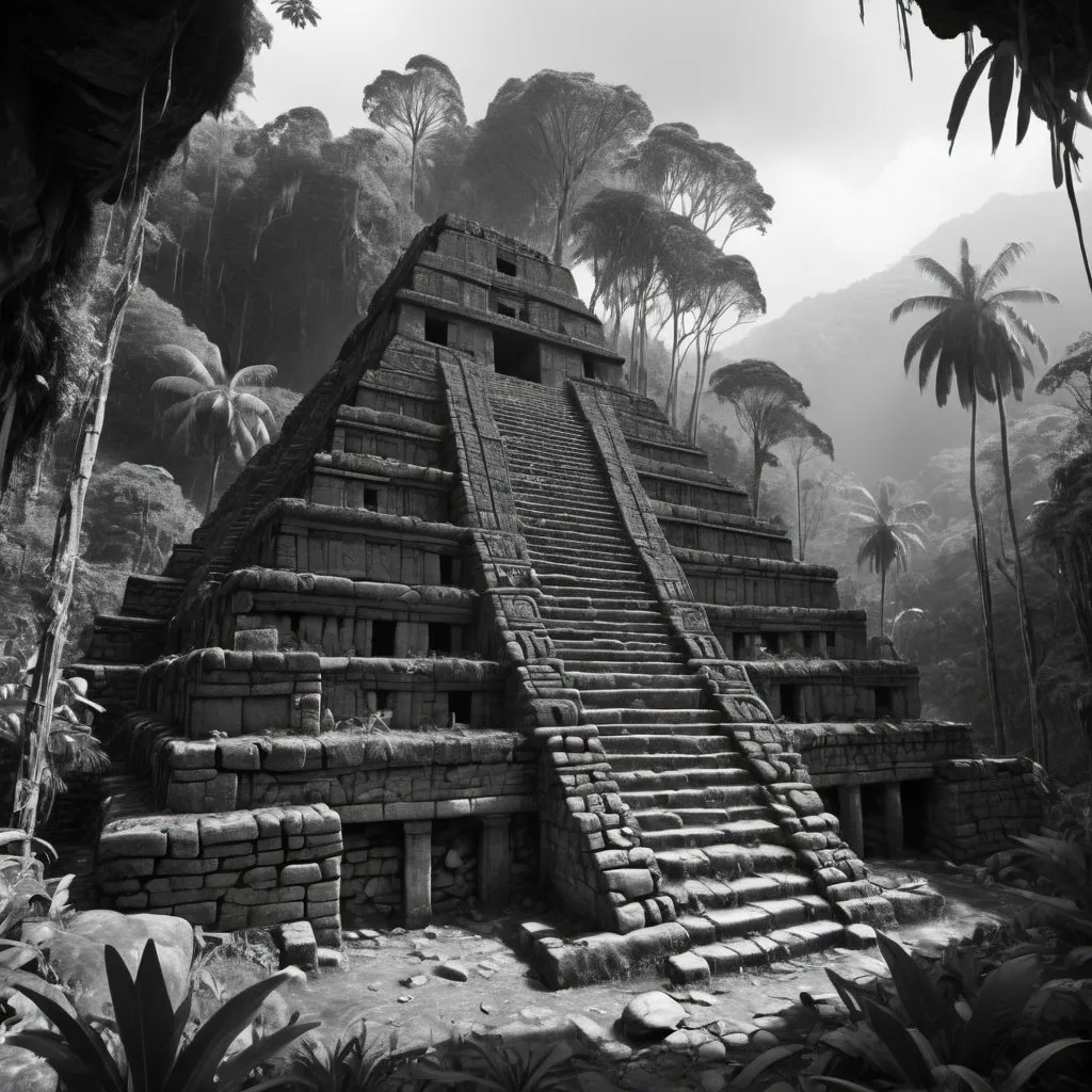 Prompt: Ruined Inca in rainforest. UHD, 8K, super detailed. Photorealistic. Black and white