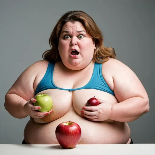 Prompt: Fat woman confused by apple