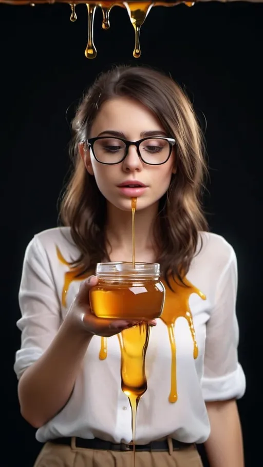 Prompt: Beautiful young Brunette woman dripping in honey. Wearing glasses. Full body. 8K. UHD. Photo realistic. Hyper detailed.