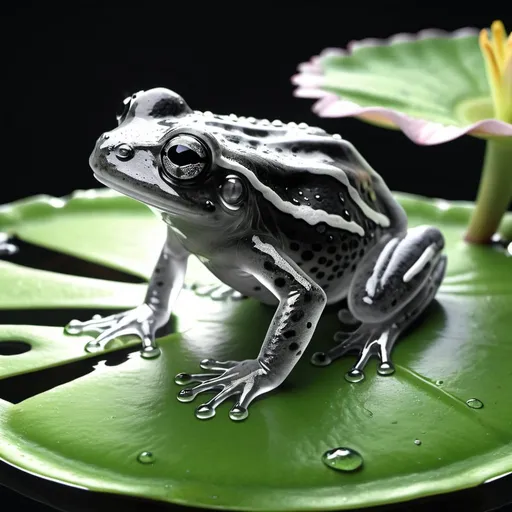 Prompt: Glass frog sitting on lily pad. 8K. UHD. Photorealistic. Hyperdetailed. Black and white. 