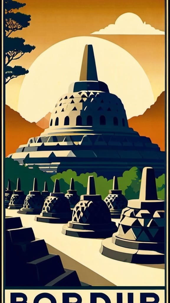 Prompt: Art deco travel poster Borobudur