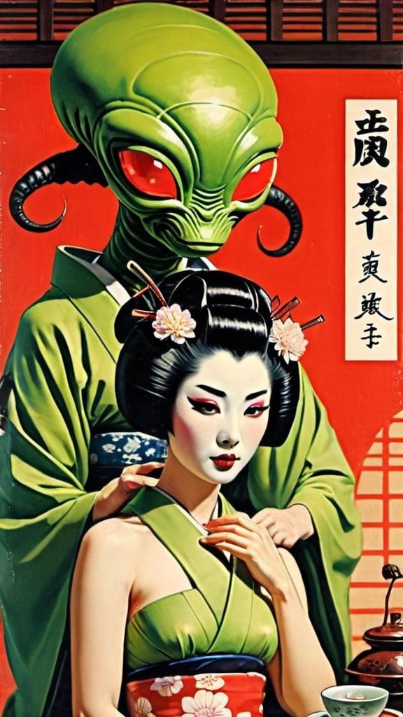 Prompt: Geisha and alien in Japanese tea house. Pulp magazine cover.
