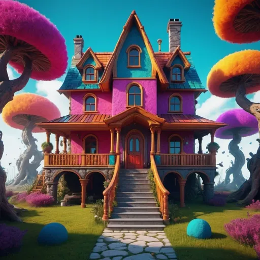 Prompt: 8K fantasy house with legs. Super detailed. Surreal. Vibrant colors.