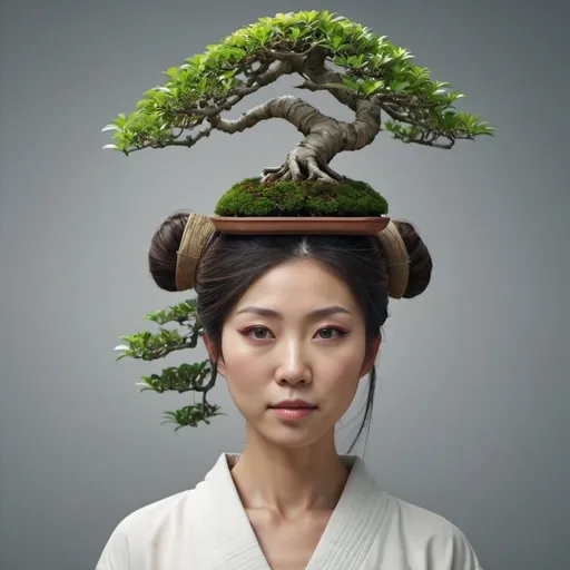 Prompt: Japanese woman with bonsai tree growing from her head. Photorealistic. UHD. 8K