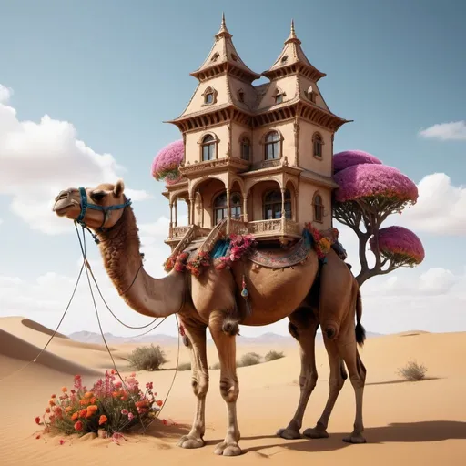Prompt: 8K fantasy house on back of camel. Super detailed. Bloom. Surreal