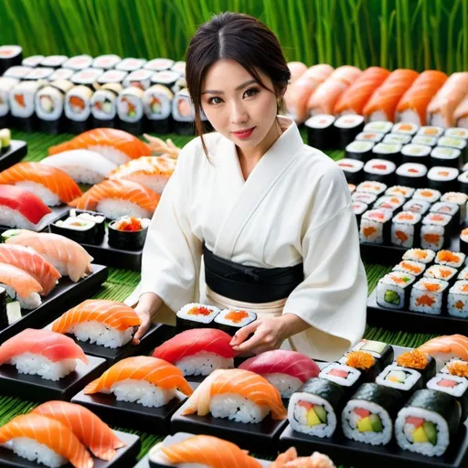 Prompt: Beautiful Japanese woman in field of sushi