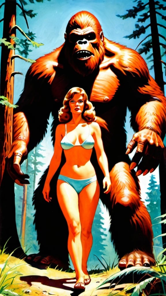 Prompt: Beautiful woman and Bigfoot. Pulp magazine cover.