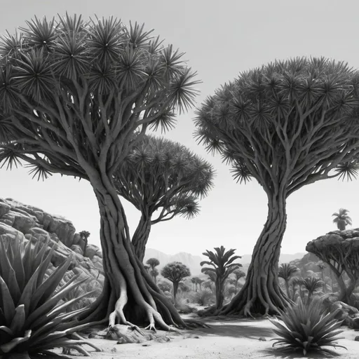 Prompt: Dragon blood trees and lizards. Photorealistic. UHD. Black and white. 8K 