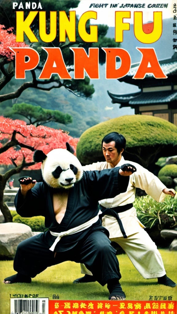 Prompt: Kung Fu fight in Japanese garden with panda. Pulp magazine cover.

