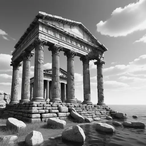 Prompt: Ruined Roman temple by sea. UHD, 8K, super detailed. Photorealistic. Black and white