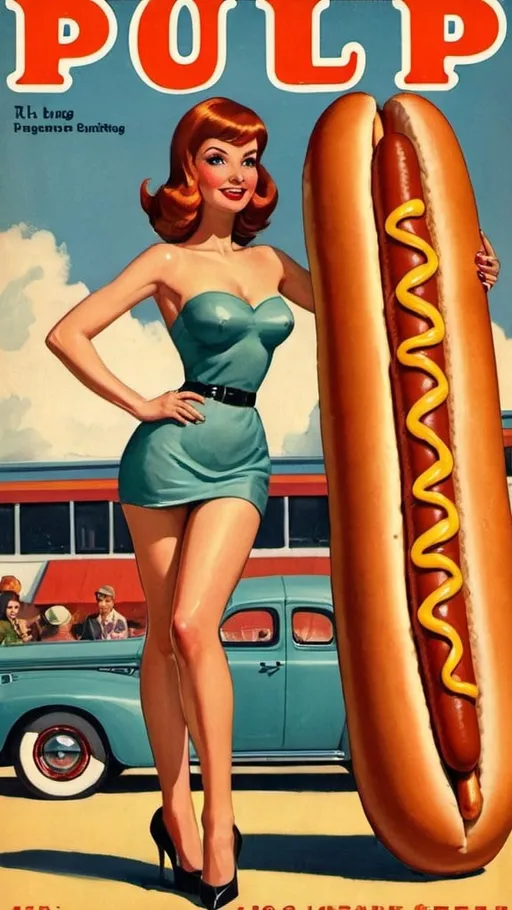 Prompt: beautiful woman and giant hotdog. Pulp magazine cover