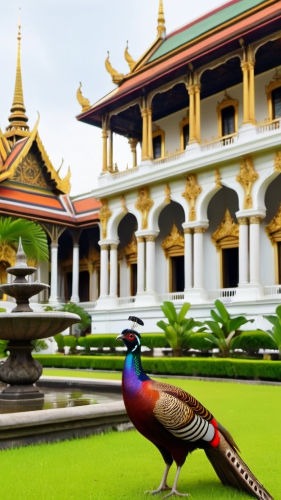 Prompt: Grand palace. Exotic architecture. Tropical plants. Pheasants. UHD. 