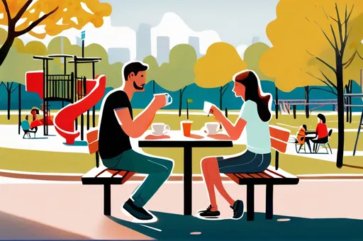 Prompt: Illustration of parents drinking coffee at a cafe table next to a playground