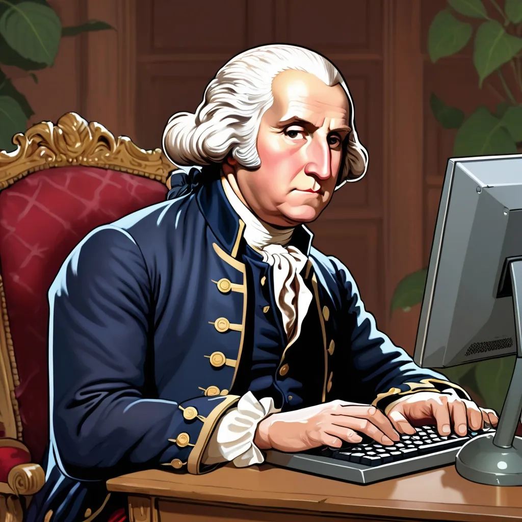 Prompt: Illustration of George Washington typing on a computer.